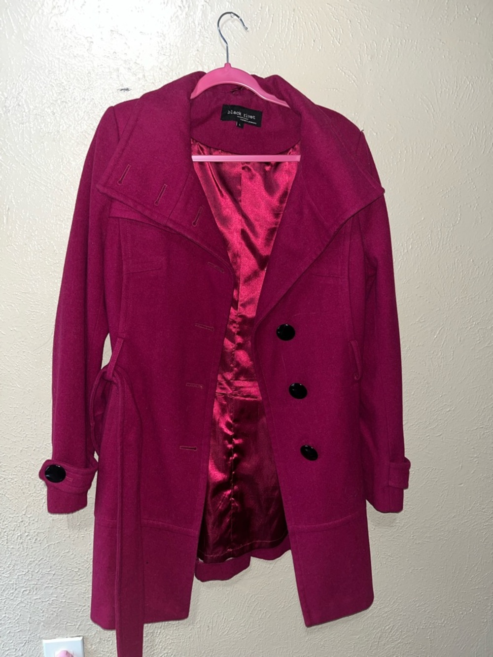 Black Rivet Women's Magenta Wool-Blend Pea Coat